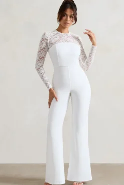 Amari | White Lace Long-Sleeve Flared-Leg Jumpsuit