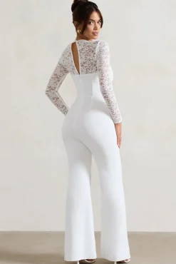 Amari | White Lace Long-Sleeve Flared-Leg Jumpsuit