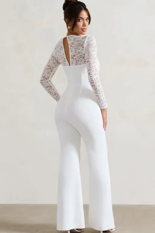 Amari | White Lace Long-Sleeve Flared-Leg Jumpsuit