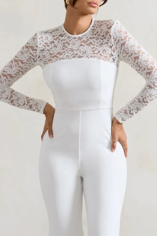 Amari | White Lace Long-Sleeve Flared-Leg Jumpsuit