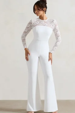 Amari | White Lace Long-Sleeve Flared-Leg Jumpsuit