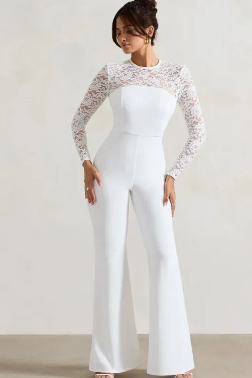 Amari | White Lace Long-Sleeve Flared-Leg Jumpsuit