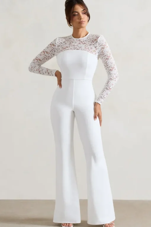 Amari | White Lace Long-Sleeve Flared-Leg Jumpsuit