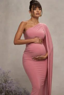 Amaryllis | Blush Pink Maternity One Shoulder Maxi Dress with Cape Sleeve