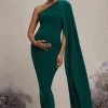 Amaryllis | Bottle Green Maternity One Shoulder Maxi Dress with Cape Sleeve