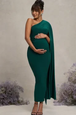 Amaryllis | Bottle Green Maternity One Shoulder Maxi Dress with Cape Sleeve