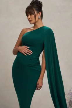 Amaryllis | Bottle Green Maternity One Shoulder Maxi Dress with Cape Sleeve