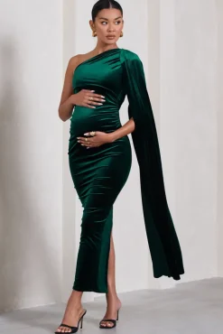 Amaryllis | Bottle Green Velvet Maternity One Shoulder Maxi Dress with Cape Sleeve