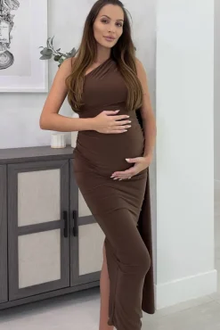 Amaryllis | Chocolate Maternity One Shoulder Maxi Dress with Cape Sleeve
