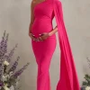 Amaryllis | Hot Pink Maternity One Shoulder Maxi Dress with Cape Sleeve