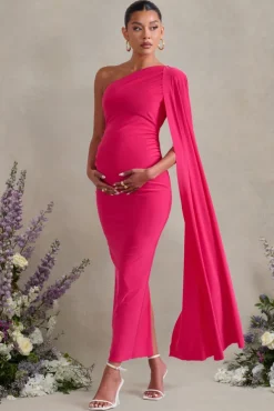 Amaryllis | Hot Pink Maternity One Shoulder Maxi Dress with Cape Sleeve