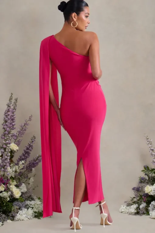 Amaryllis | Hot Pink Maternity One Shoulder Maxi Dress with Cape Sleeve