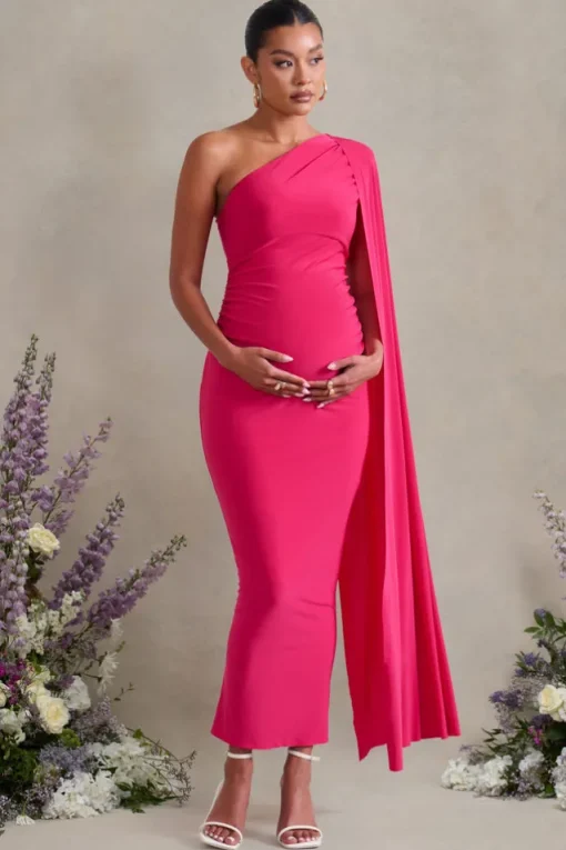 Amaryllis | Hot Pink Maternity One Shoulder Maxi Dress with Cape Sleeve
