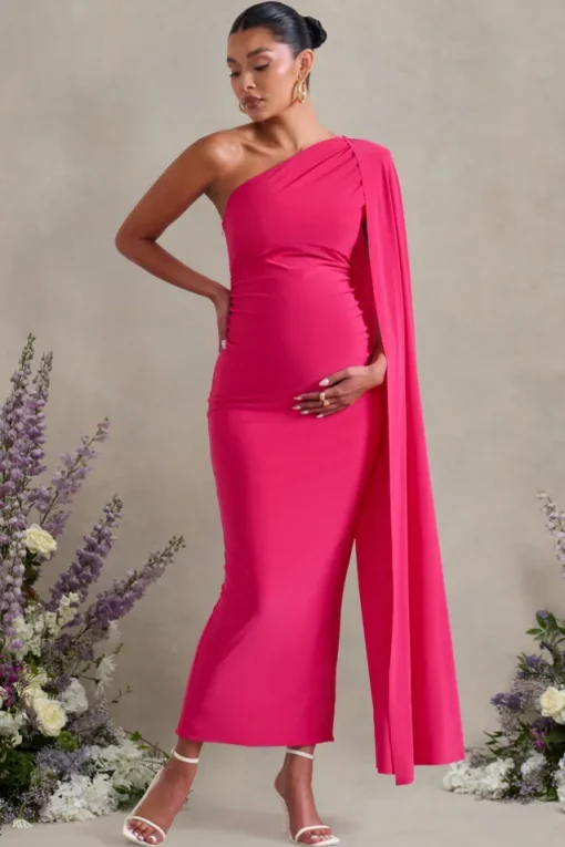 Amaryllis | Hot Pink Maternity One Shoulder Maxi Dress with Cape Sleeve