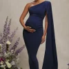 Amaryllis | Navy Maternity One Shoulder Maxi Dress with Cape Sleeve