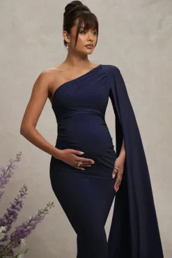 Amaryllis | Navy Maternity One Shoulder Maxi Dress with Cape Sleeve