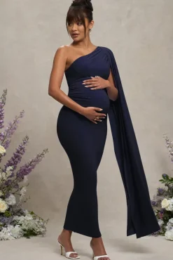 Amaryllis | Navy Maternity One Shoulder Maxi Dress with Cape Sleeve