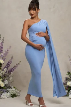 Amaryllis | Powder Blue Maternity One Shoulder Maxi Dress with Cape Sleeve