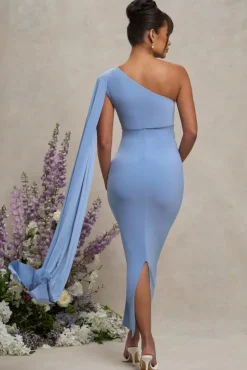 Amaryllis | Powder Blue Maternity One Shoulder Maxi Dress with Cape Sleeve
