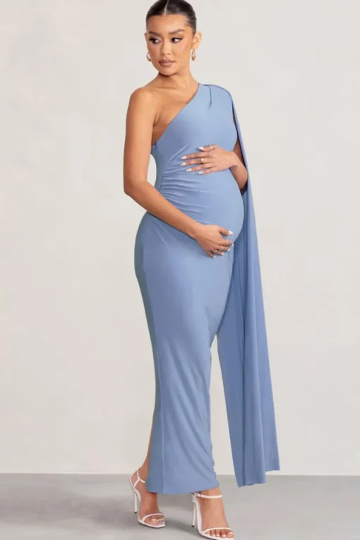 Amaryllis | Powder Blue Maternity One Shoulder Maxi Dress with Cape Sleeve