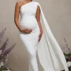Amaryllis | White Maternity One Shoulder Maxi Dress with Cape Sleeve