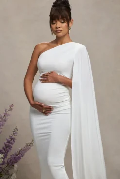Amaryllis | White Maternity One Shoulder Maxi Dress with Cape Sleeve
