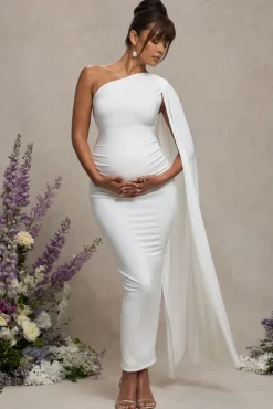 Amaryllis | White Maternity One Shoulder Maxi Dress with Cape Sleeve