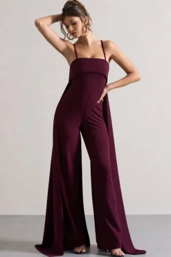Amaya | Dark Plum Bandeau Wide-Leg Jumpsuit With Cape