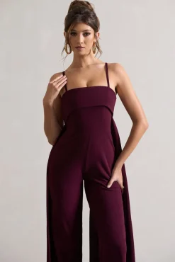Amaya | Dark Plum Bandeau Wide-Leg Jumpsuit With Cape