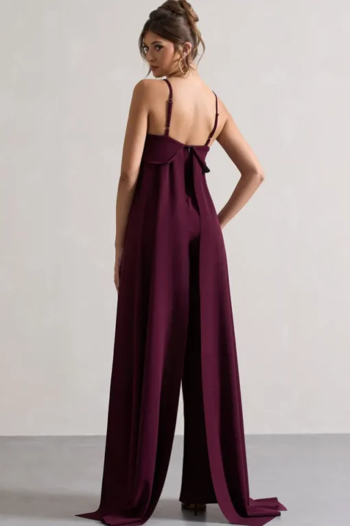 Amaya | Dark Plum Bandeau Wide-Leg Jumpsuit With Cape