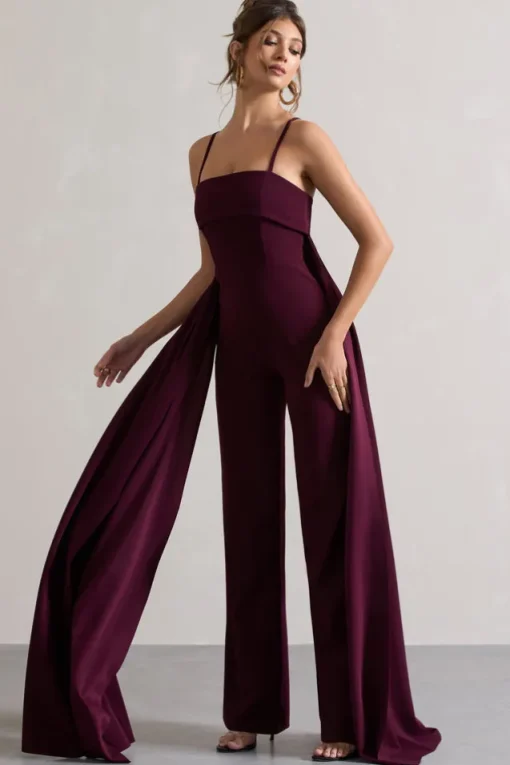 Amaya | Dark Plum Bandeau Wide-Leg Jumpsuit With Cape