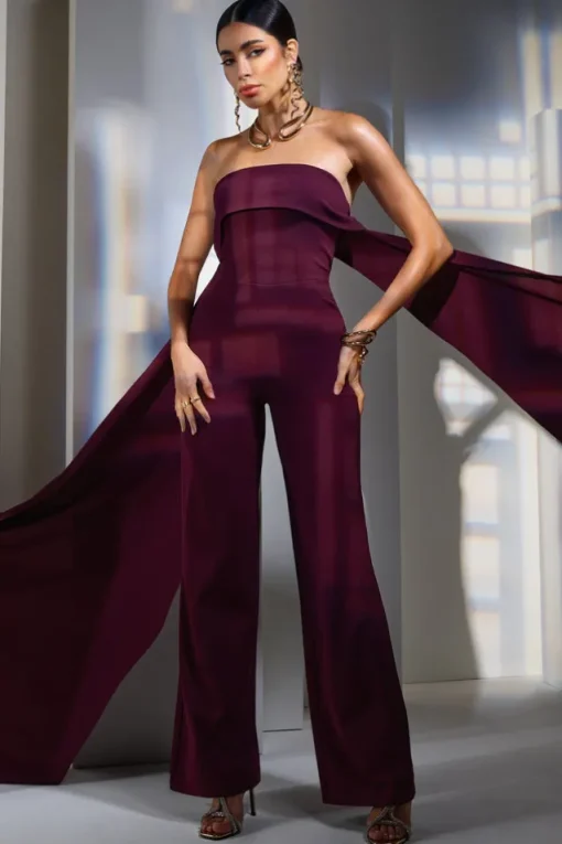 Amaya | Dark Plum Bandeau Wide-Leg Jumpsuit With Cape