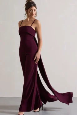 Amaya | Dark Plum Bandeau Wide-Leg Jumpsuit With Cape