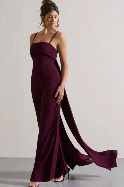 Amaya | Dark Plum Bandeau Wide-Leg Jumpsuit With Cape