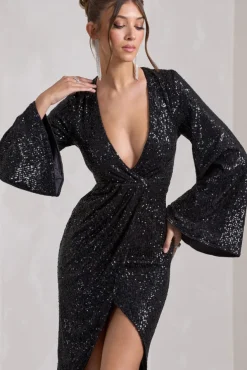 Amber | Black Sequin Plunge Wrap Midi Dress with Cape Sleeves and Front Split