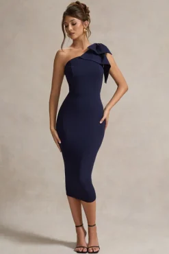 Ambretta | Navy One-Shoulder Midi Dress With Bow