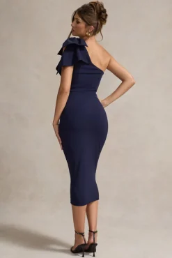Ambretta | Navy One-Shoulder Midi Dress With Bow