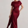 Ambrosia | Berry Satin Pleated Maxi Dress With Drape
