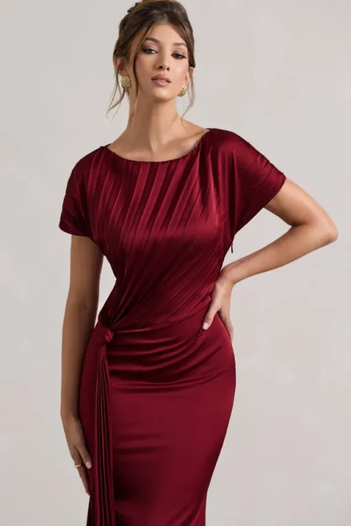 Ambrosia | Berry Satin Pleated Maxi Dress With Drape