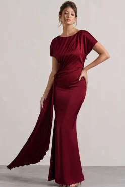 Ambrosia | Berry Satin Pleated Maxi Dress With Drape