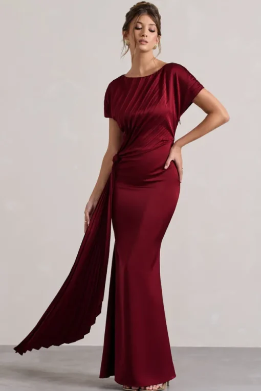 Ambrosia | Berry Satin Pleated Maxi Dress With Drape