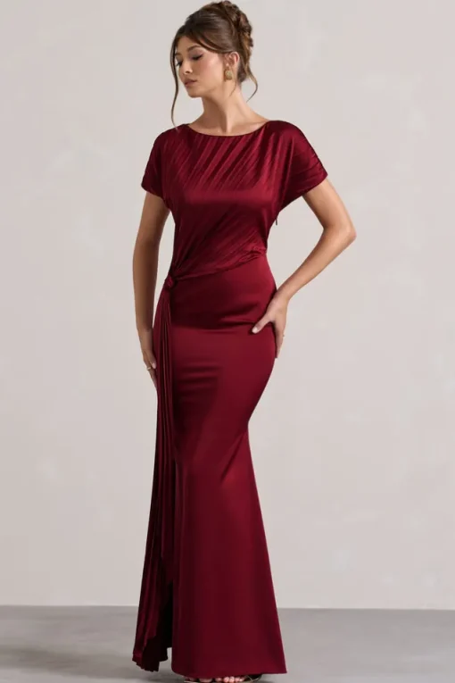 Ambrosia | Berry Satin Pleated Maxi Dress With Drape