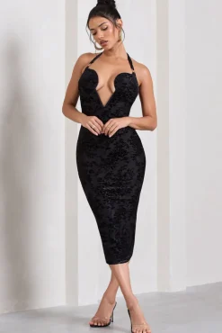 Amelia | Black Velvet Floral Halter-Neck Midi Dress