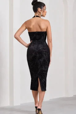 Amelia | Black Velvet Floral Halter-Neck Midi Dress