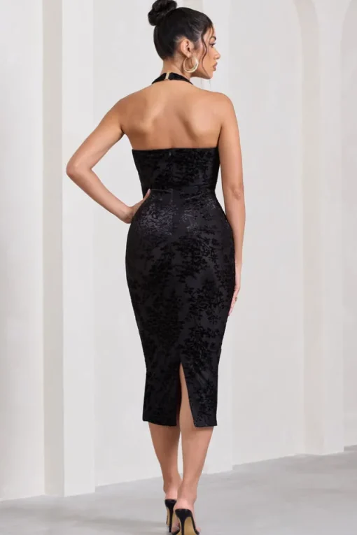 Amelia | Black Velvet Floral Halter-Neck Midi Dress