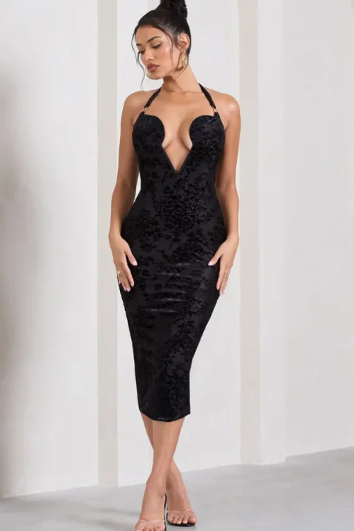 Amelia | Black Velvet Floral Halter-Neck Midi Dress