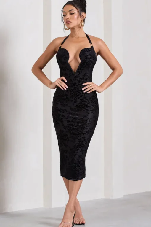 Amelia | Black Velvet Floral Halter-Neck Midi Dress