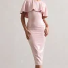 Amelie | Pastel Pink Sequin Midi Dress With Cape