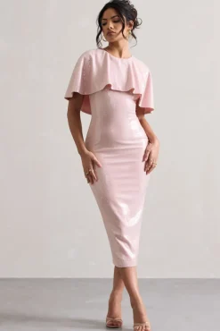Amelie | Pastel Pink Sequin Midi Dress With Cape