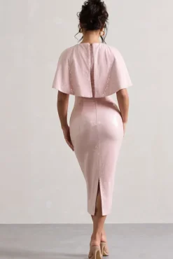 Amelie | Pastel Pink Sequin Midi Dress With Cape